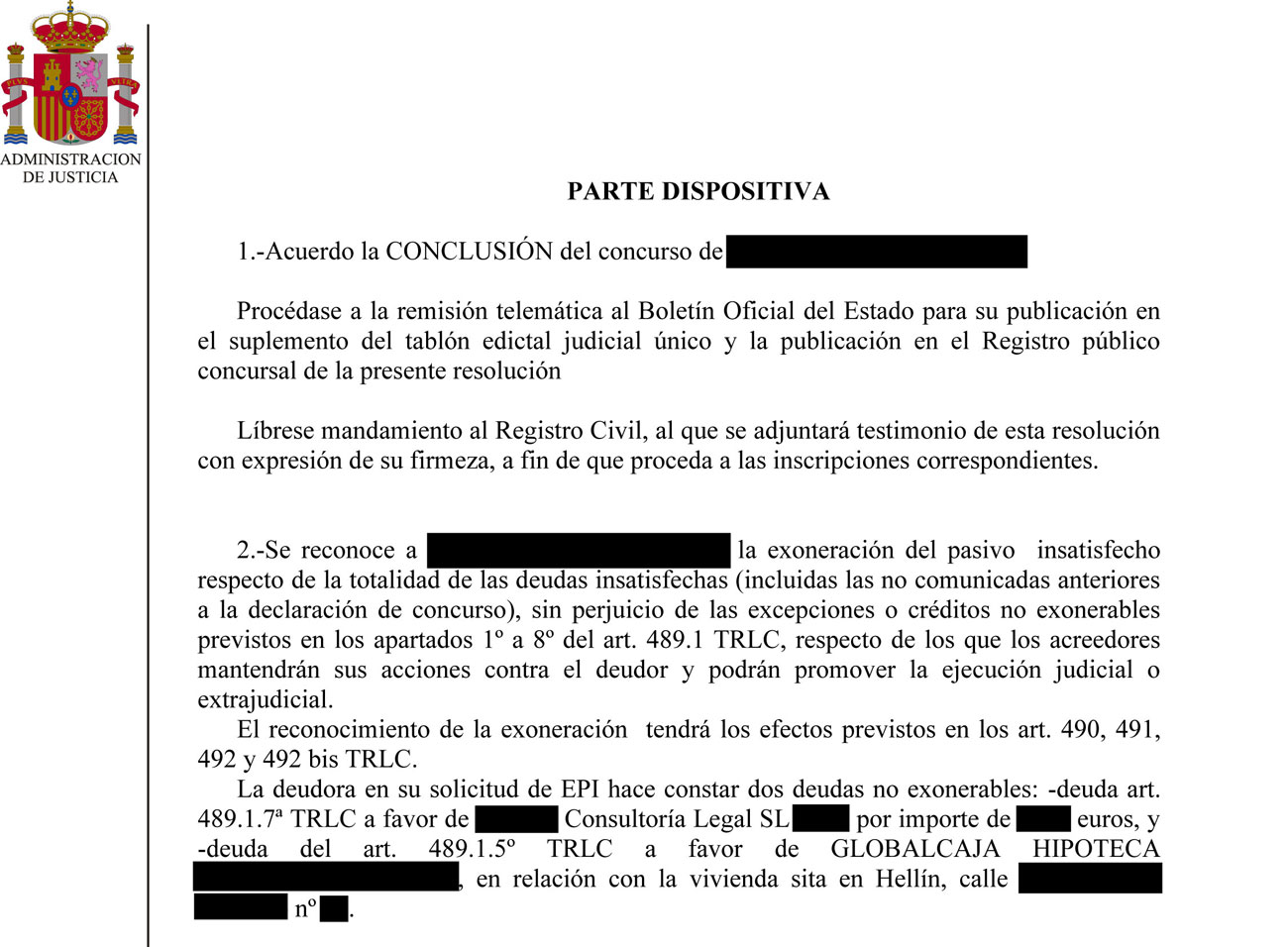 Sentencia de Ley de Segunda Oportunidad y vivienda